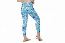 Load image into Gallery viewer, Women’s leggings in blue tropical sportfish print with sailfish, mahi, hibiscus flowers, and ocean wave design.
Blue and seafoam fishing-inspired leggings featuring sailfish, mahi mahi, coral, and tropical floral pattern