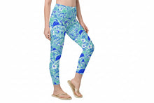 Load image into Gallery viewer, Women’s leggings in blue tropical sportfish print with sailfish, mahi, hibiscus flowers, and ocean wave design