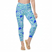Load image into Gallery viewer, Women’s leggings in blue tropical sportfish print with sailfish, mahi, hibiscus flowers, and ocean wave design