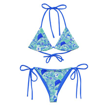 Load image into Gallery viewer, Women’s bikini in blue tropical fish print with sailfish, mahi, hibiscus flowers, and coastal wave pattern
Blue and mint tropical bikini featuring sailfish and mahi print with white hibiscus flowers and ocean-inspired details
