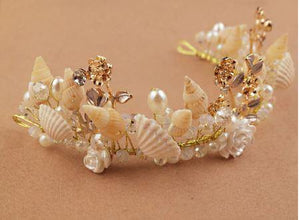 Gold Little Mermaid Tiara with Seashells, Pearls and Flowers - Island Mermaid Tribe