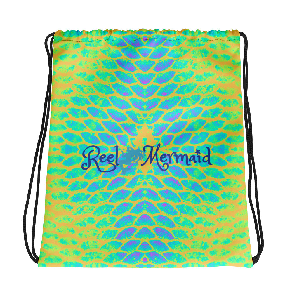 Yellow Tail Reel Mermaid Drawstring bag